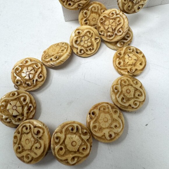 Genuine Bone Beads Loose Beads Floral Swirl Design 17 by 6 mm 24 Beads - Picture 1 of 5